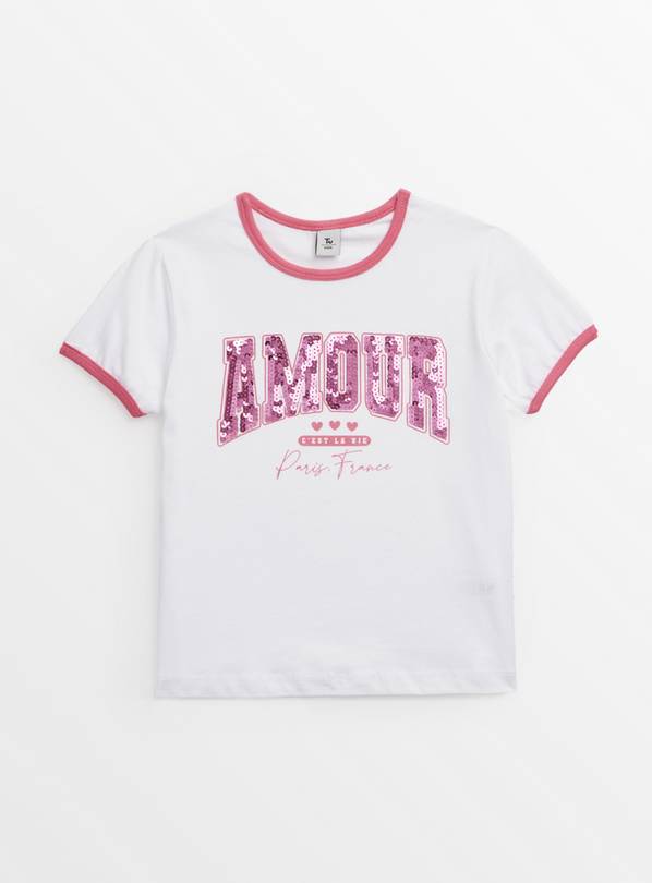 White Contrast Binding Amour Sequin T-Shirt 5 years
