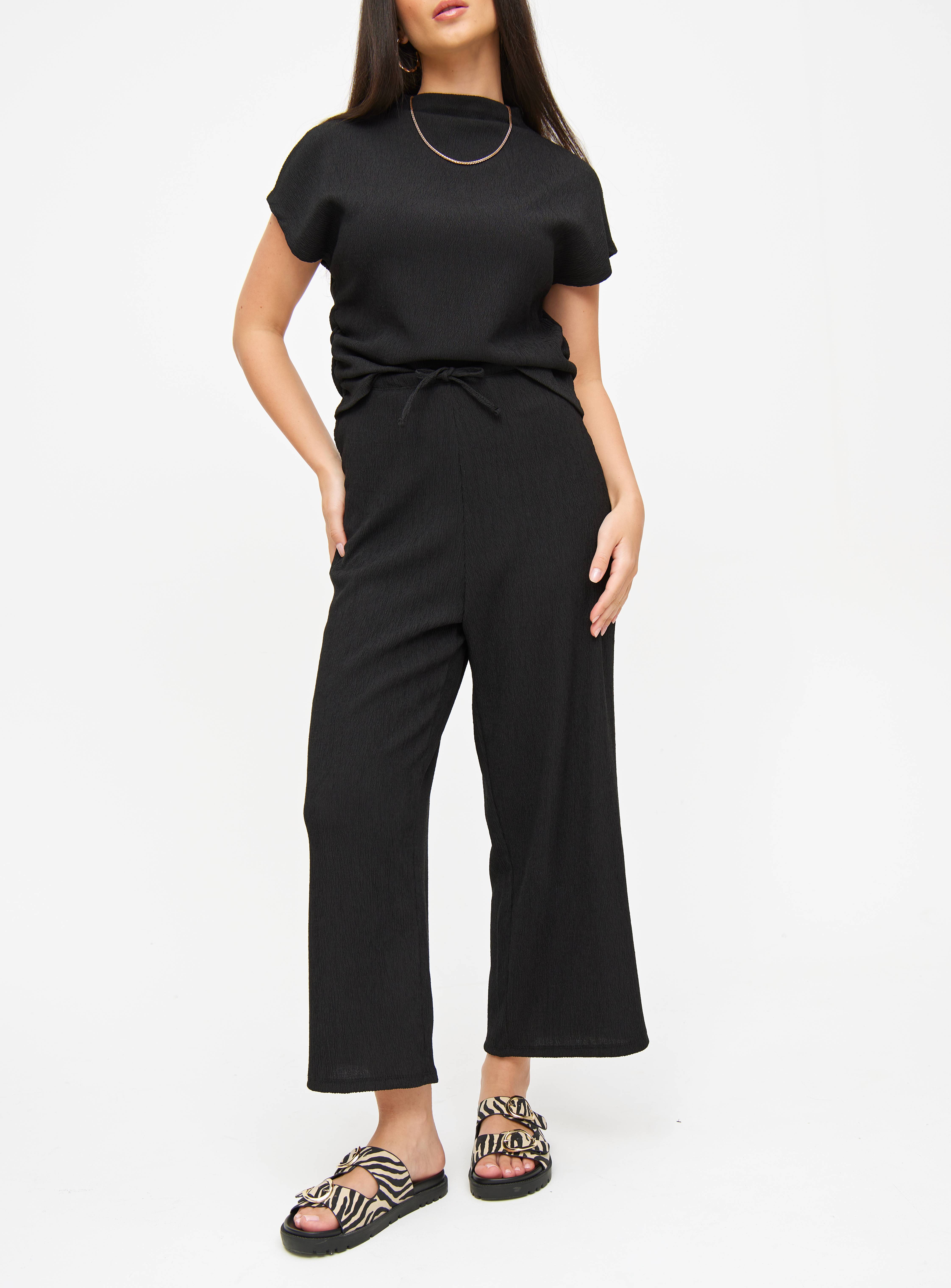 Black Crinkle Wide Leg Cropped Coord Trousers  14 - Image 1