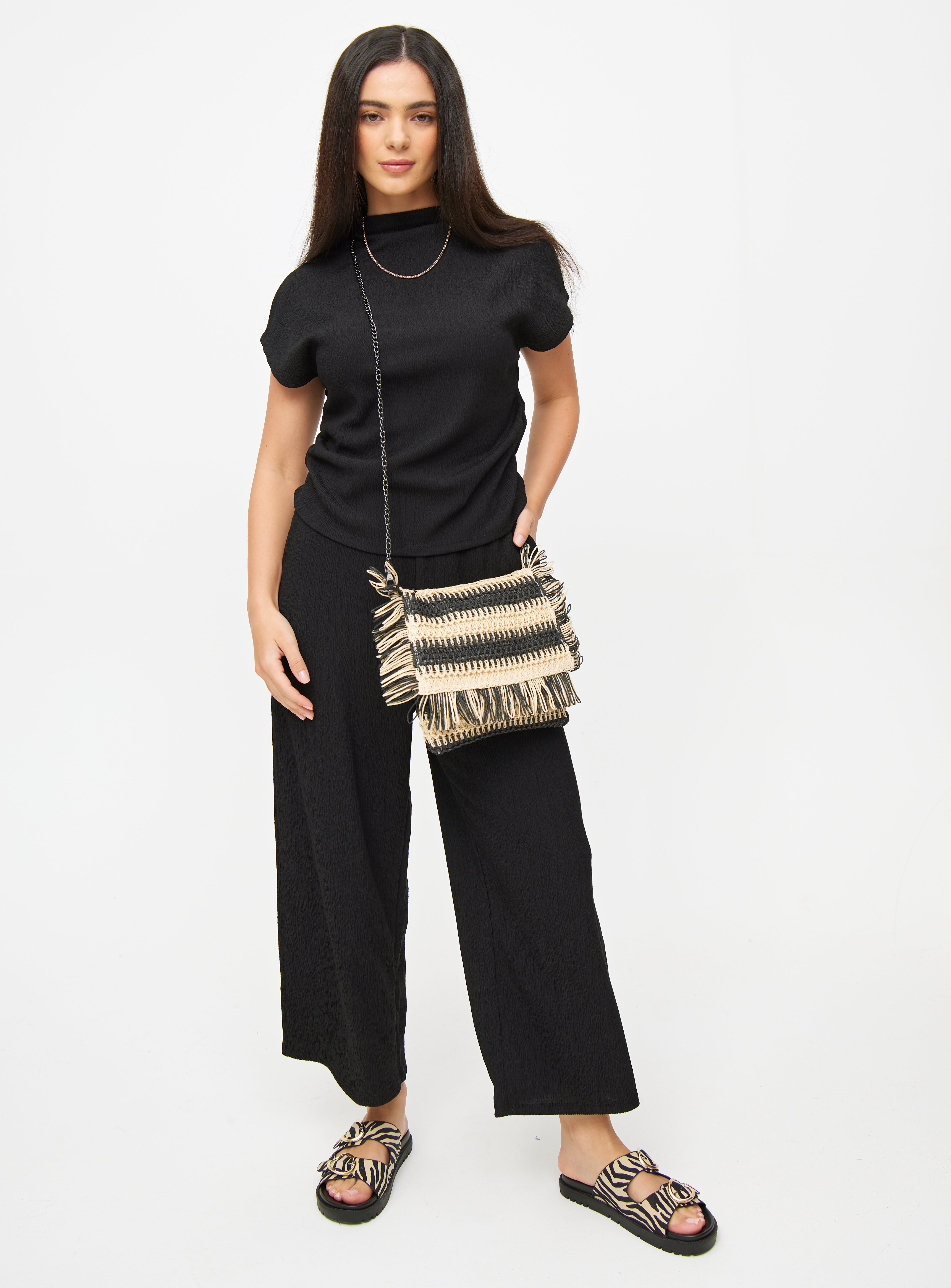 Black Crinkle Wide Leg Cropped Coord Trousers  14 - Image 2 thumbnail