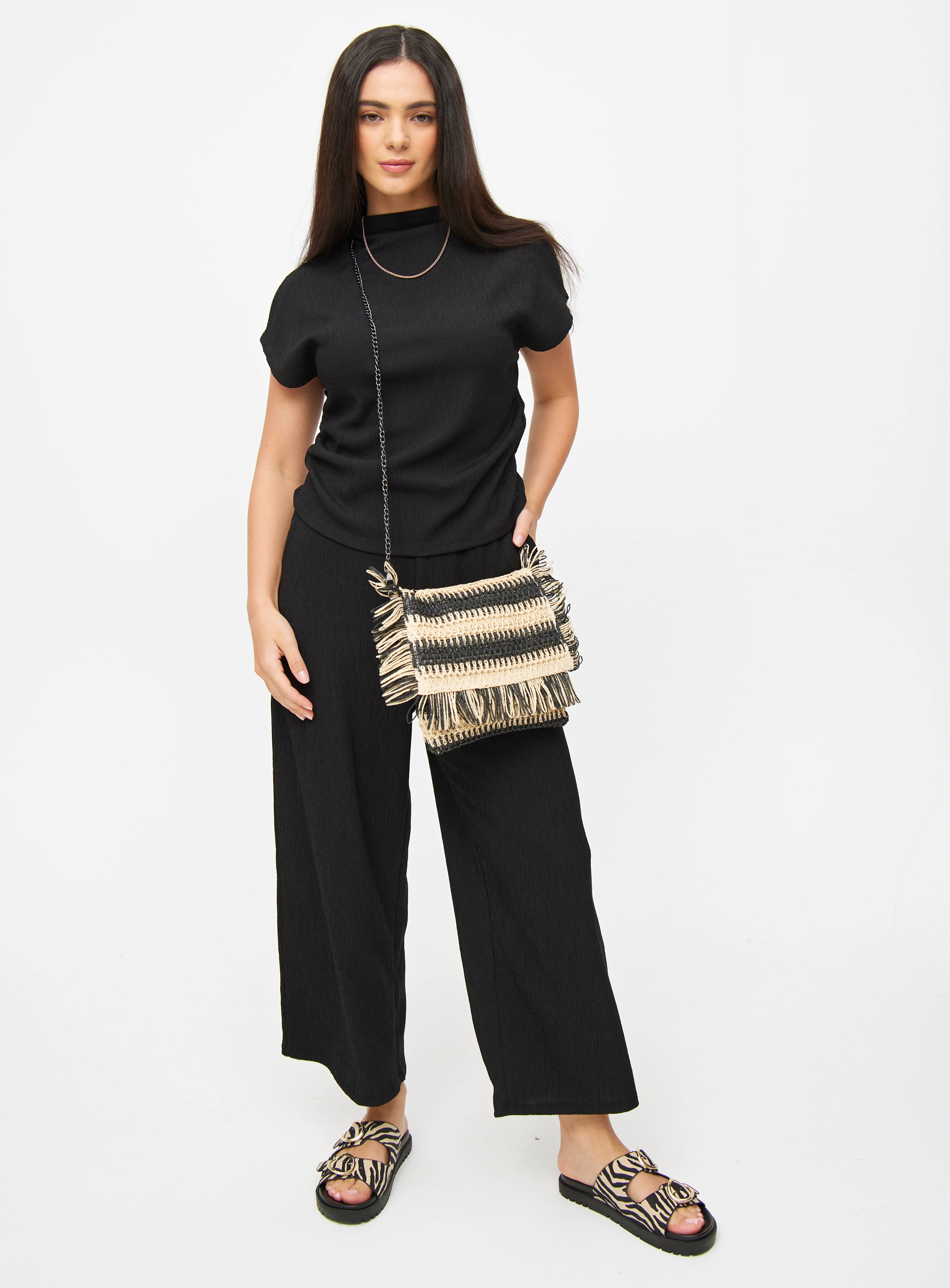 Black Crinkle Wide Leg Cropped Coord Trousers  14 - Image 2