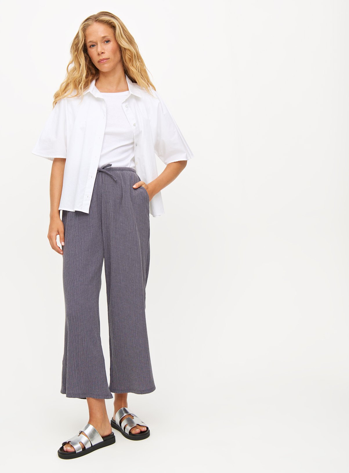 Grey Crinkle Wide Leg Cropped Coord Trousers  10 - Image 3 thumbnail
