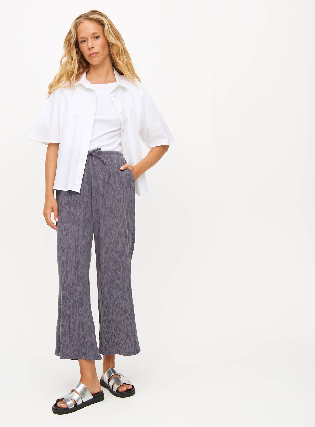 Grey Crinkle Wide Leg Cropped Coord Trousers  10 - Image 3