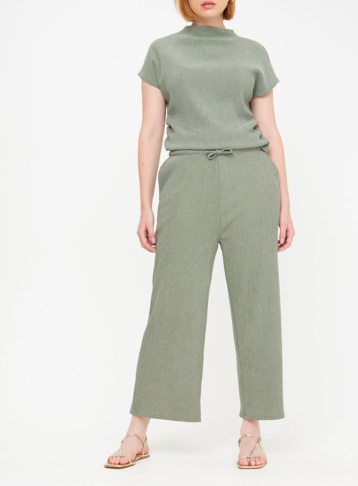 Khaki Crinkle Wide Leg Cropped Coord Trousers  8 - Image 1 thumbnail
