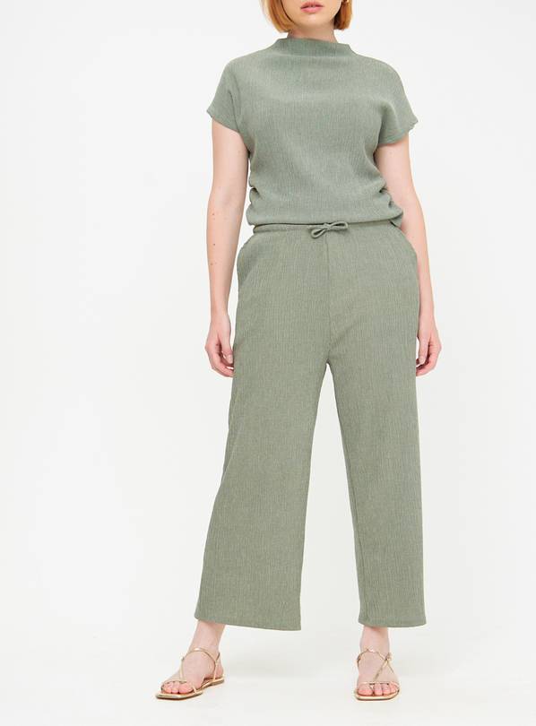 Khaki Crinkle Wide Leg Cropped Coord Trousers  16