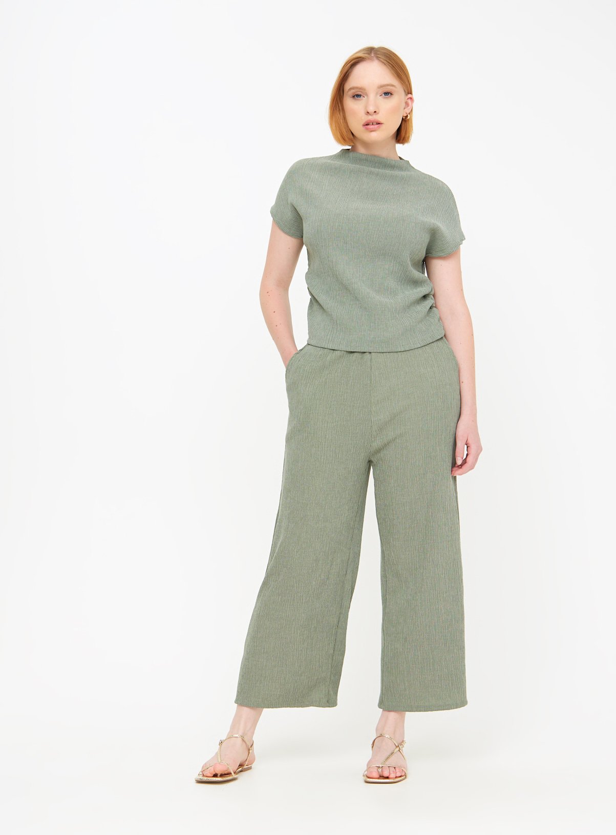Khaki Crinkle Wide Leg Cropped Coord Trousers  8 - Image 2 thumbnail