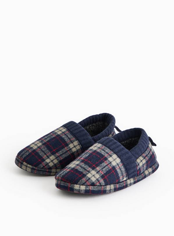 Navy Check Ribbed-Trim Full Slippers 11