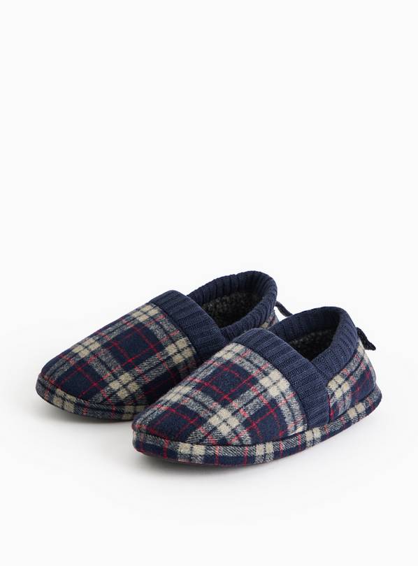 Navy Check Ribbed-Trim Full Slippers 12