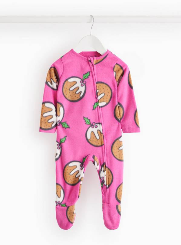 Matching Family Baby Pink Christmas Pudding Print Fleece Sleepsuit 6-9 months