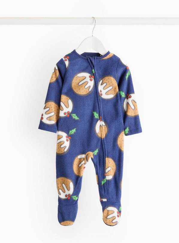 Matching Family Baby Blue Christmas Pudding Print Fleece Sleepsuit Newborn