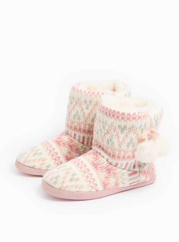 Pink Fair Isle Knitted Slipper Boots L