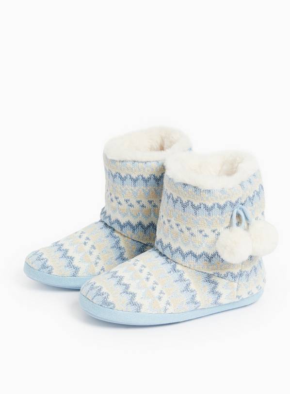 Blue Fair Isle Faux Fur Lined Slipper Boots  S