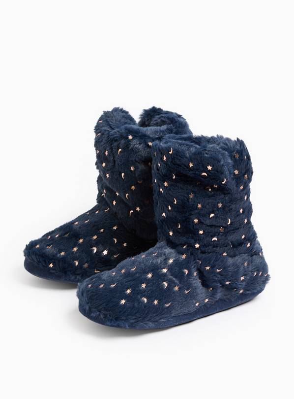 Navy Faux Fur Moon & Star Print Slipper Boots S