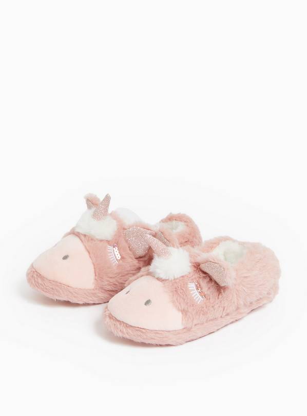 Pink Novelty Unicorn Design Faux Fur Full Slippers 10-11 Infant