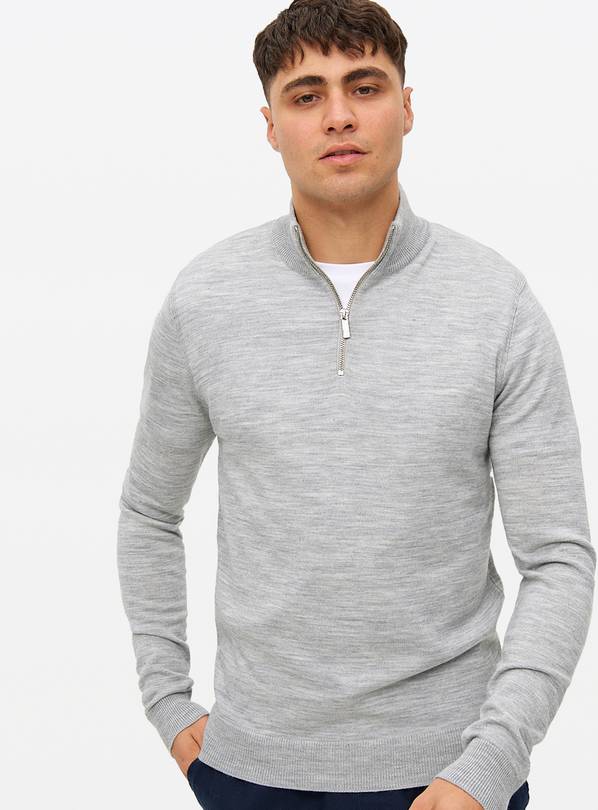 Grey Merino Wool Blend Quarter-Zip Jumper XL