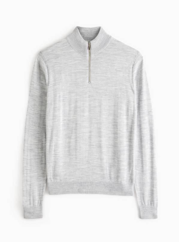 Grey Merino Wool Blend Quarter-Zip Jumper XL