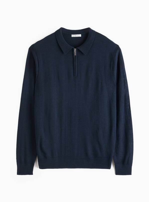 Navy Merino Wool Blend Polo Jumper XXXL