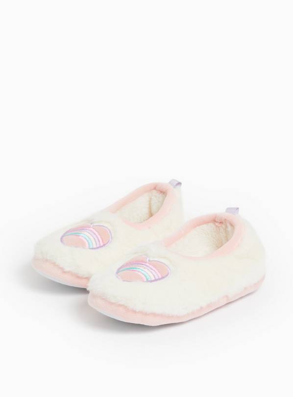 Rainbow Heart Design Cream Faux Fur Full Slippers 10-11 Infant