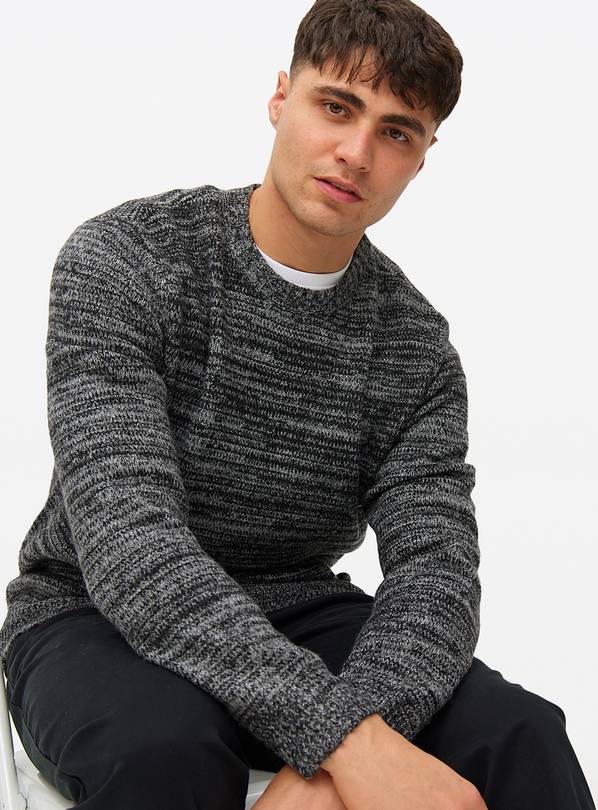 Grey Textured Crew Neck Knitted Jumper L