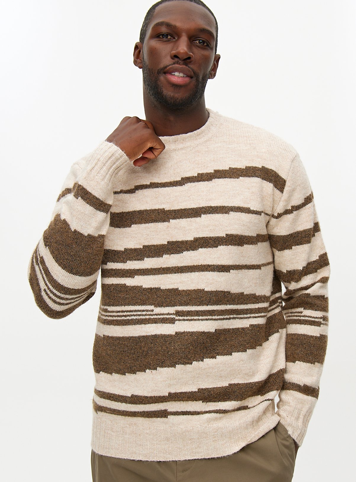 Men's Cream Abstract Striped Crew Neck Jumper
