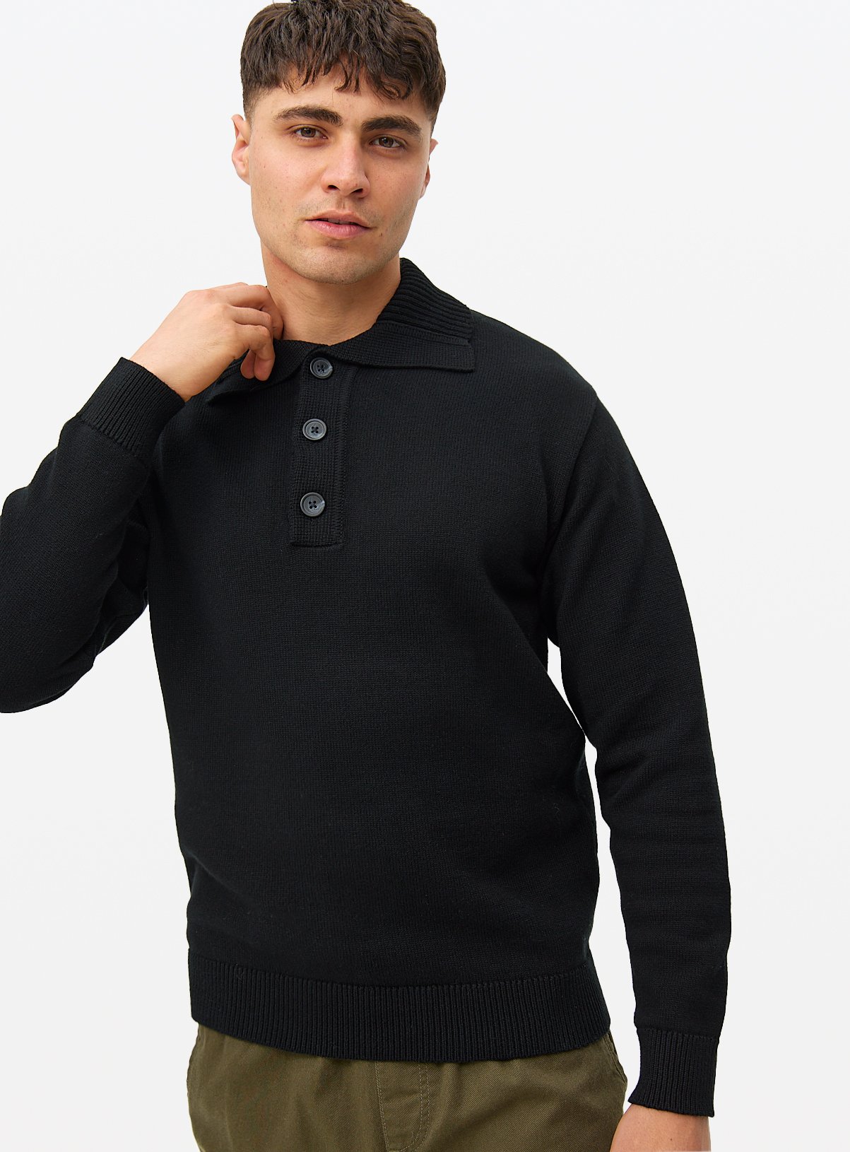 Men's Black Button Neck Collared Knitted Jumper