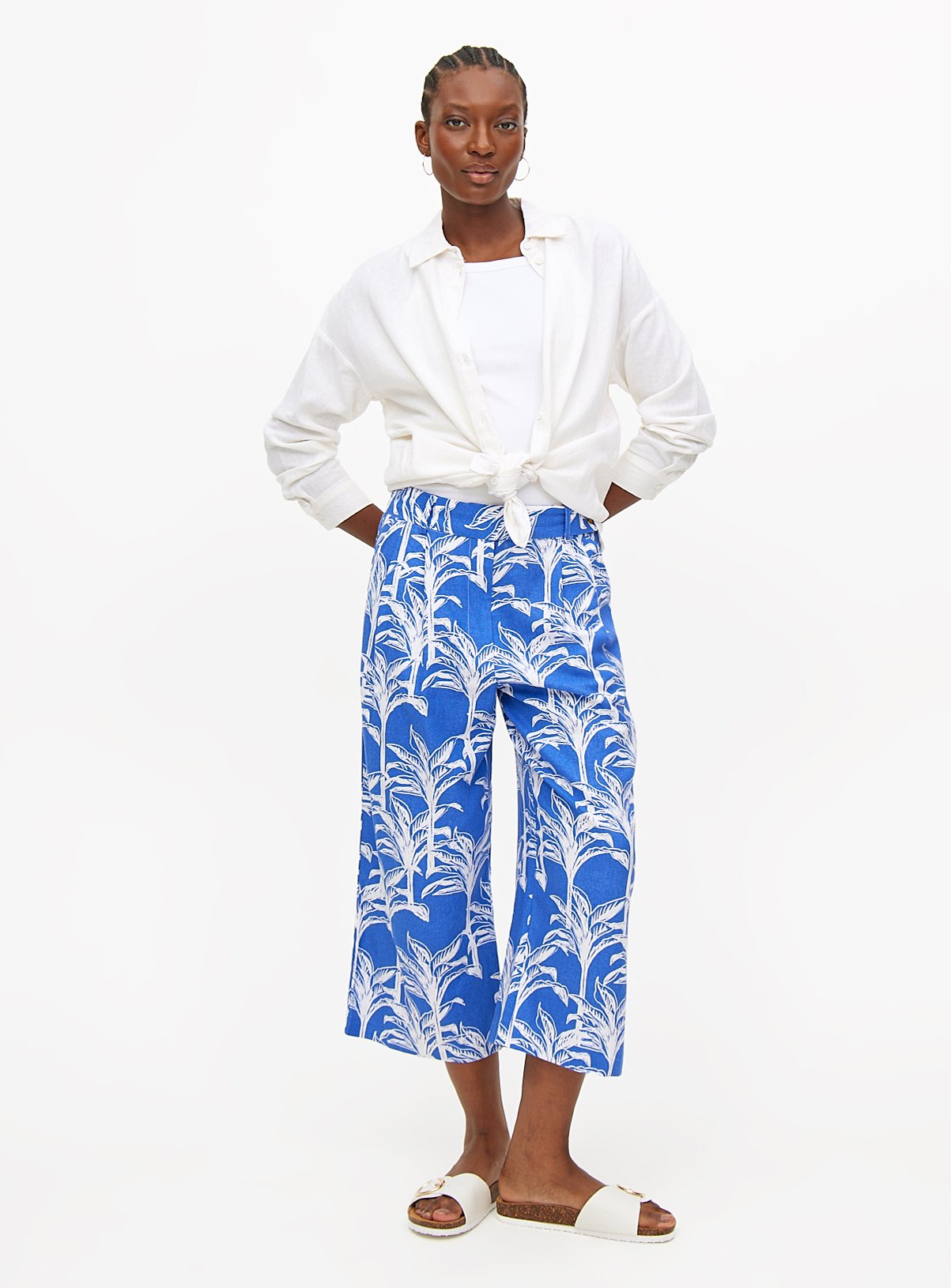 Blue Linen Blend Cropped Coord Palm Print Trousers 16 - Image 3 thumbnail