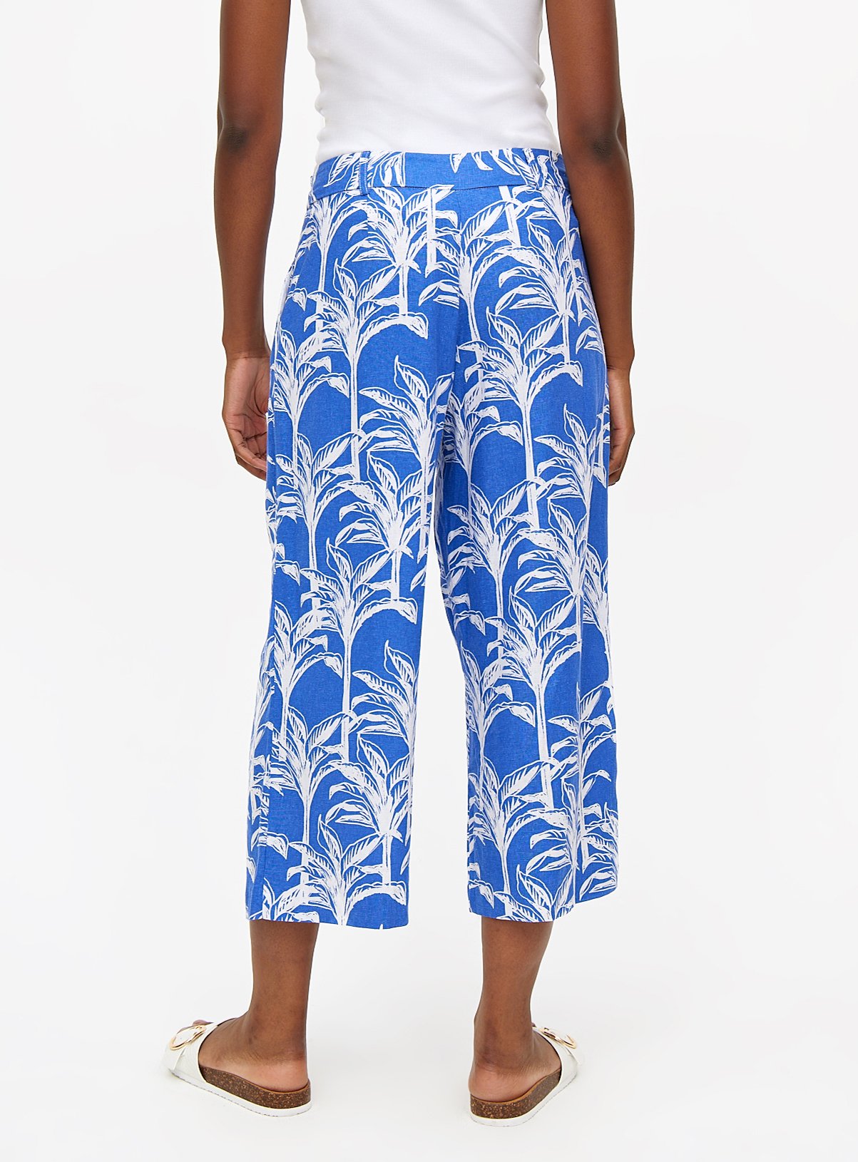 Blue Linen Blend Cropped Coord Palm Print Trousers 16 - Image 4 thumbnail