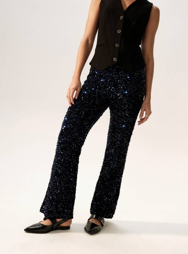 Navy Sequin Embellished Flared Trousers 10L