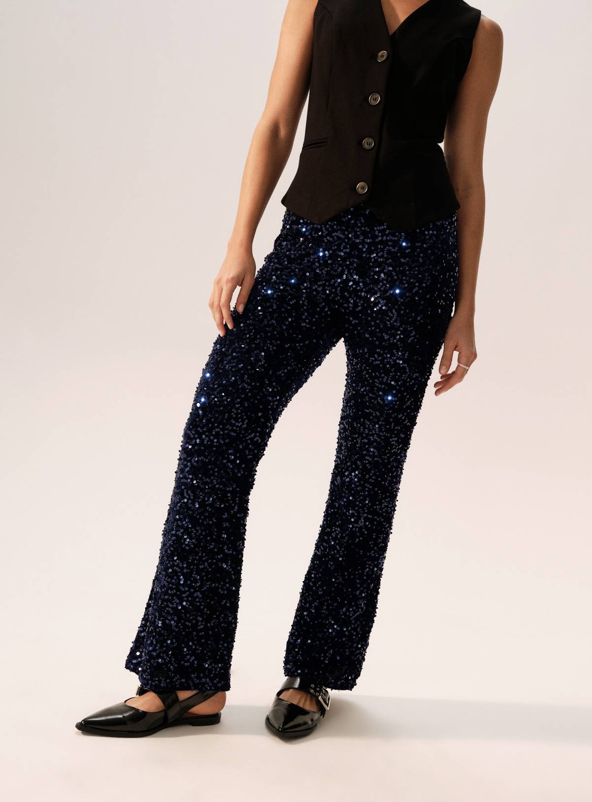 Navy Sequin Embellished Flared Trousers 8R - Image 1