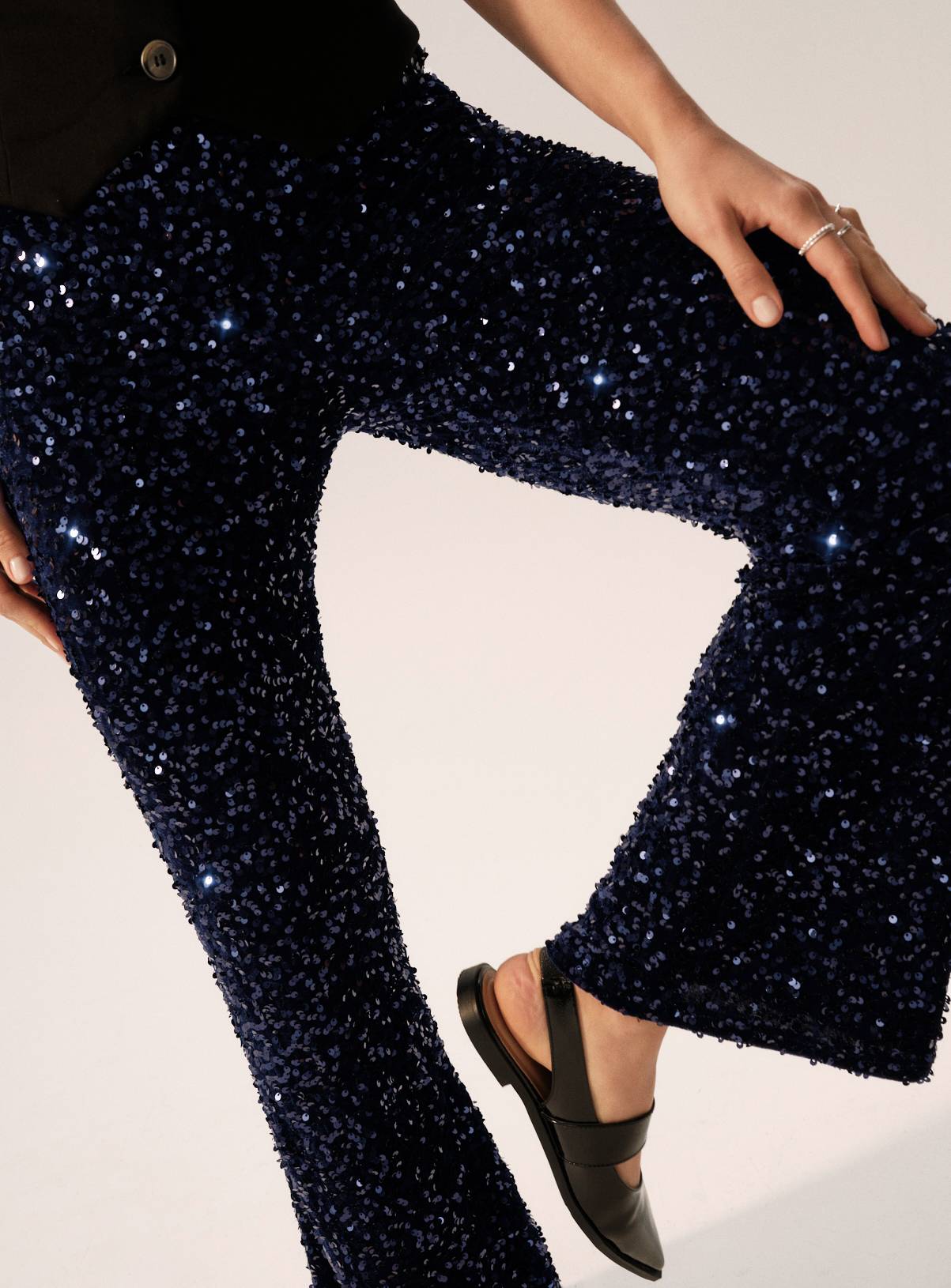 Navy Sequin Embellished Flared Trousers 8R - Image 3