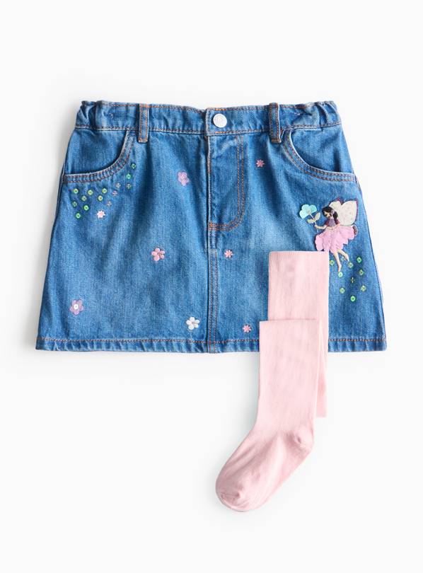 Denim Embroidered Fairy Skirt & Pink Tights Set  3-4 years