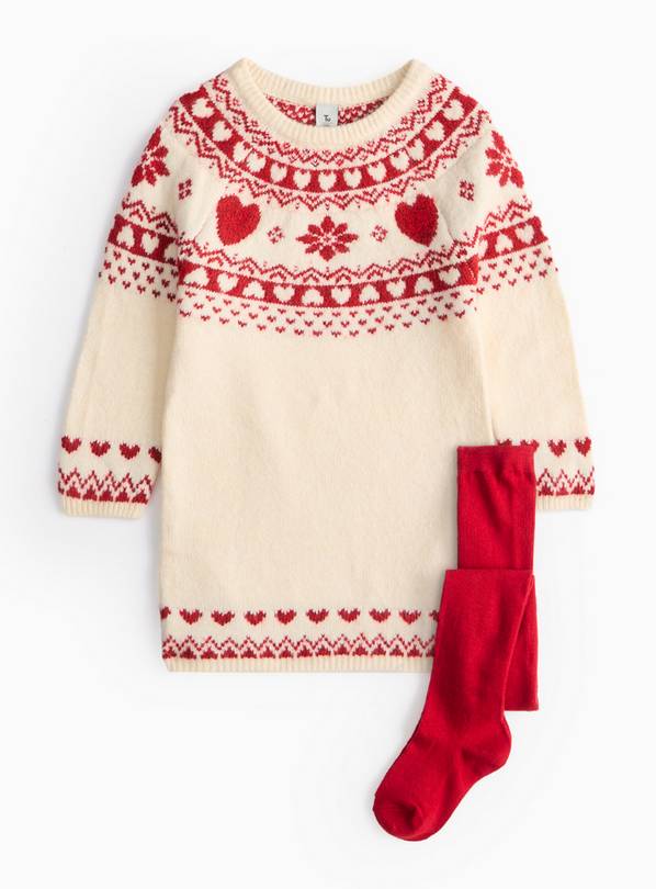 Cream Heart Christmas Fair Isle Jumper Dress & Tights Set 2-3 years