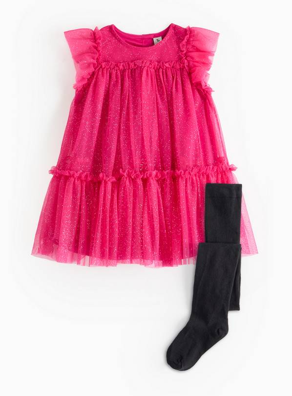 Pink Tiered Tulle Party Dress & Tights Set 1-2 years