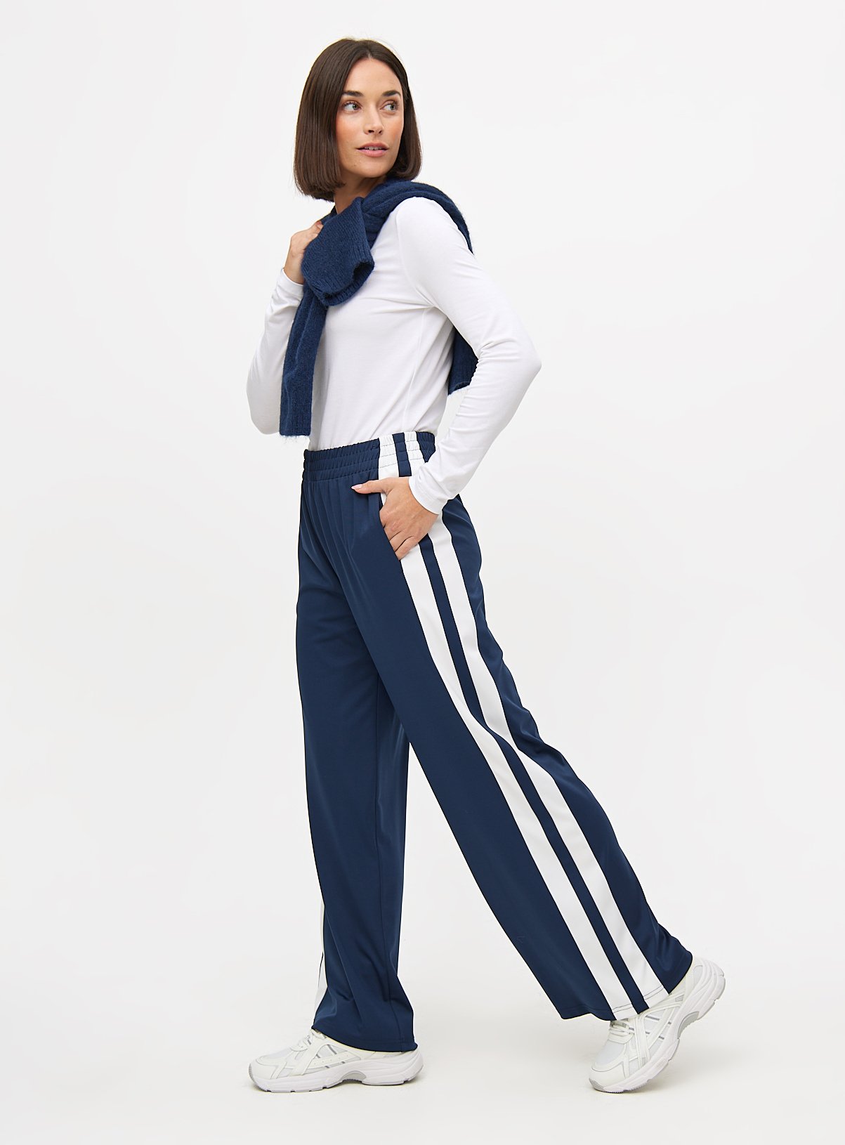 Navy & Cream Tricot Stripe Wide Leg Joggers L - Image 2 thumbnail