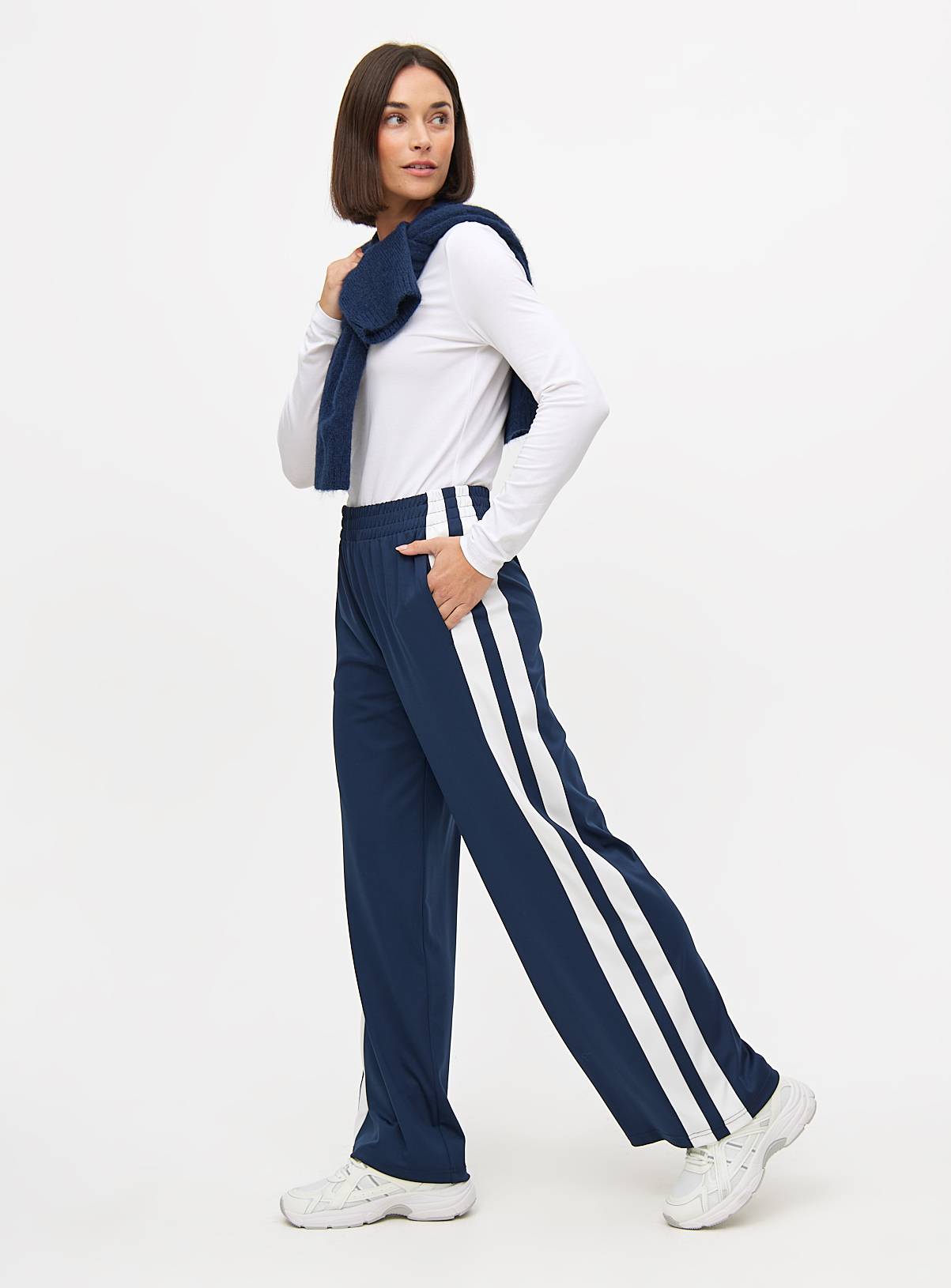 Navy & Cream Tricot Stripe Wide Leg Joggers L - Image 2