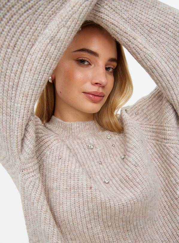 Oatmeal Diamonte Embellished High Neck Jumper 14