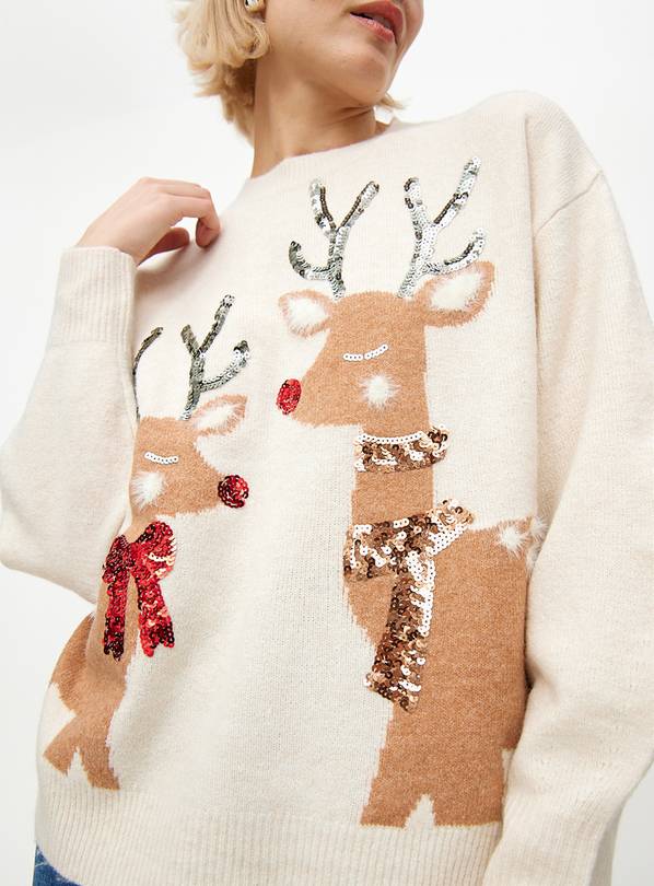 Cream Christmas Reindeer Sequin Knitted Jumper 12