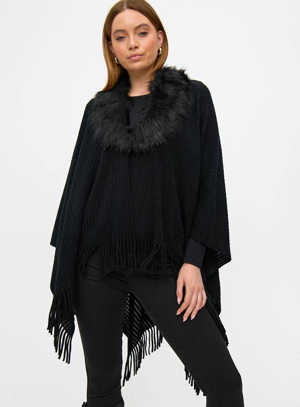 Black Faux Fur Collar Cape  One Size