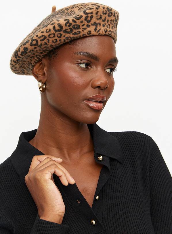 Leopard Print Wool Blend Beret Hat One Size