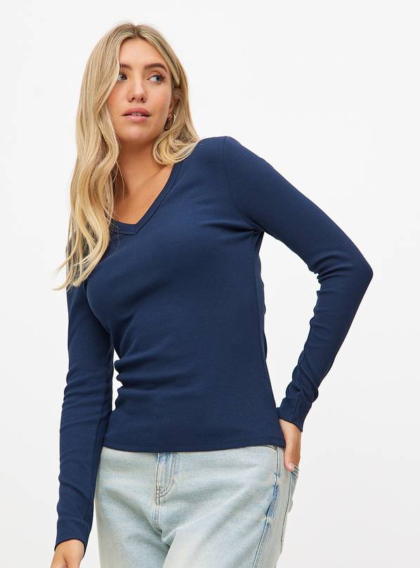 Navy V Neck Ribbed Long Sleeve Top  10