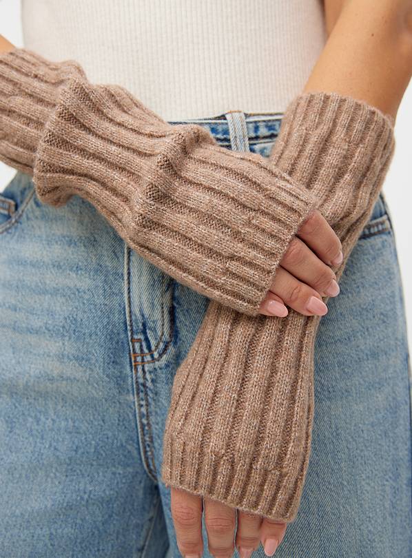 Oatmeal Ribbed Knitted Fingerless Gloves  One Size