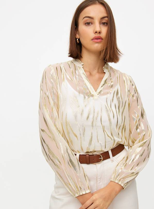 Cream Sparkle Animal Print Sheer Blouse 10