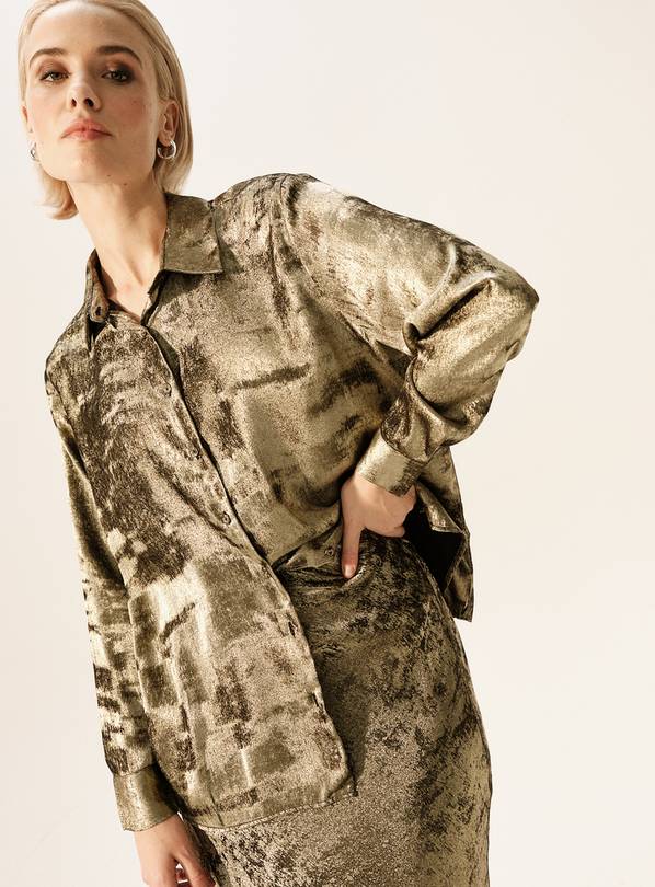 Gold Crushed Satin Relaxed Long Sleeve Shirt 10