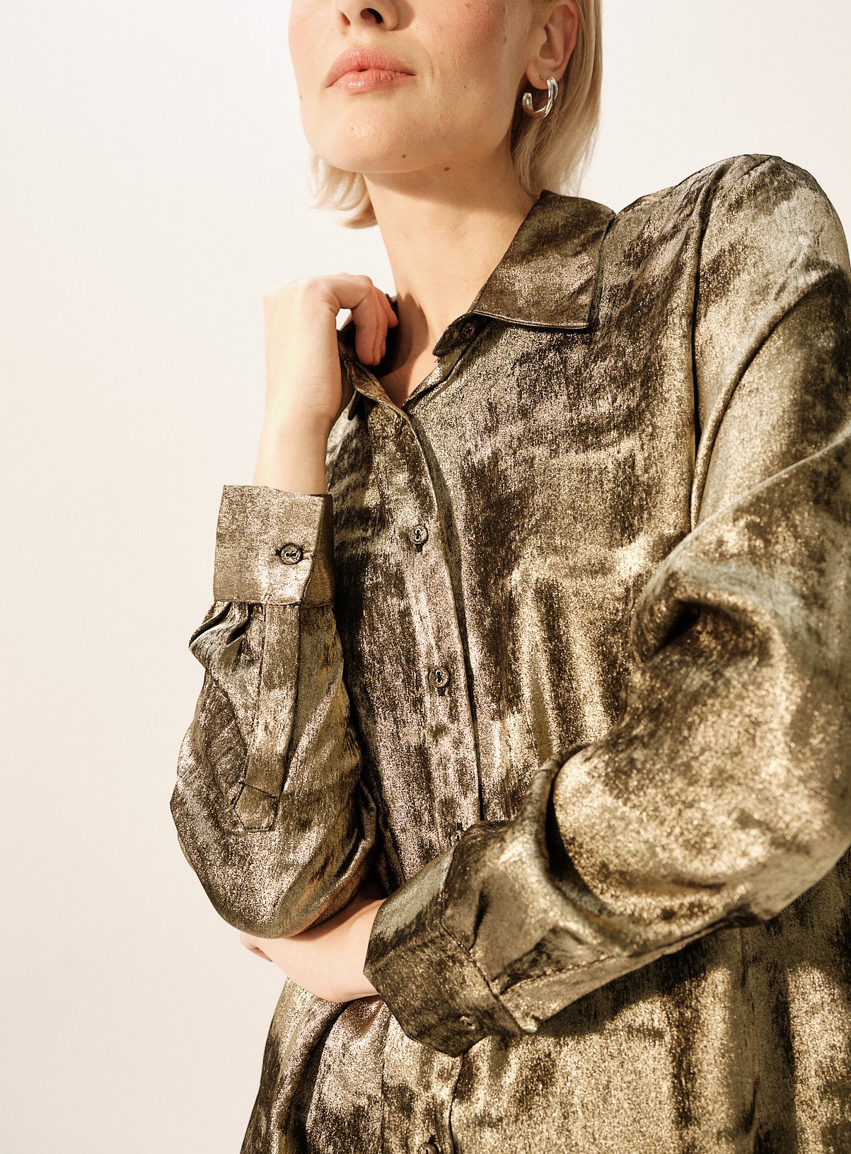 Gold Crushed Satin Relaxed Long Sleeve Shirt 18 - Image 3 thumbnail