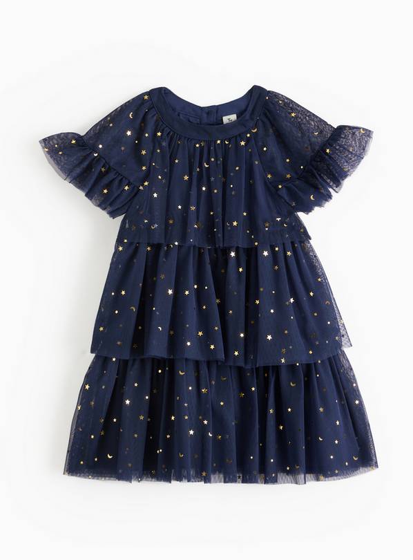 Navy Ruffle Mesh Gold Star Party Dress 1-2 years