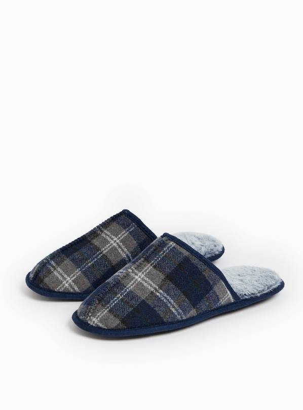 Navy Check Faux Fur Lined Mule Slippers L