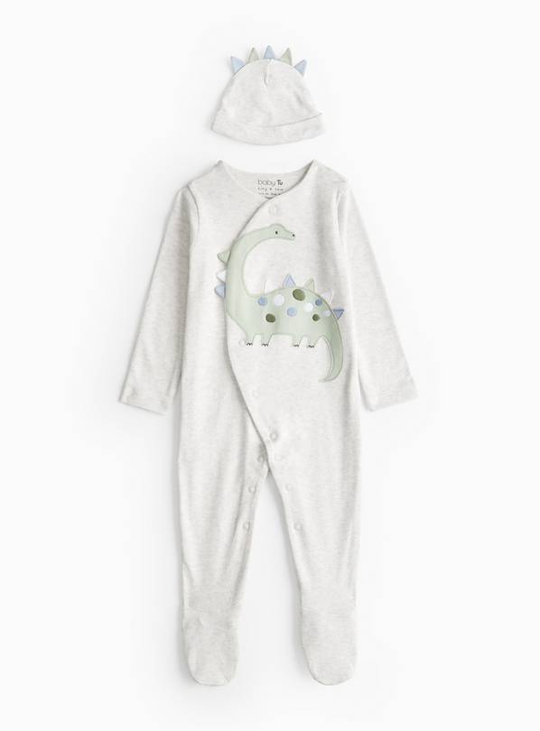 Novelty Grey Dinosaur Print Sleepsuit & Hat Set 9-12 months