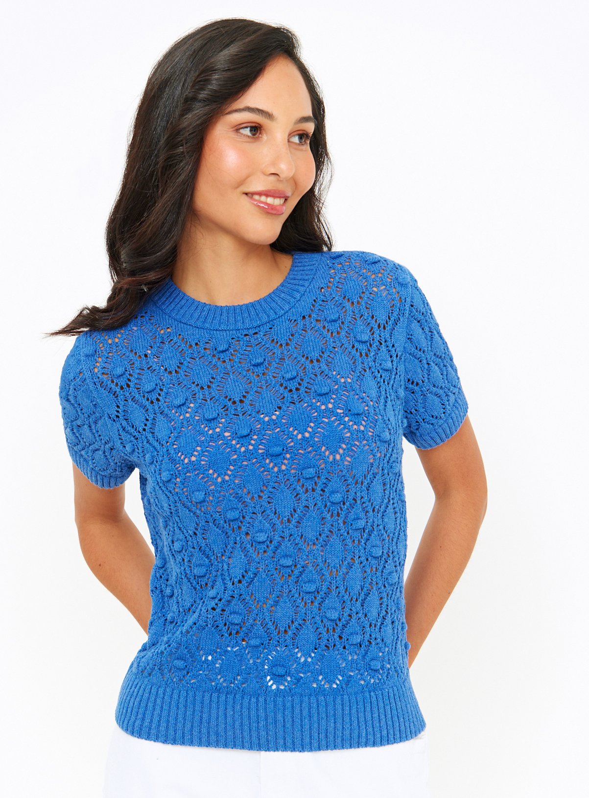 Blue Pointelle Bobble Stitch Short Sleeve Top 10