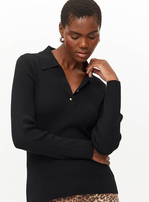 Black Ribbed Collared Long Sleeve Top 12