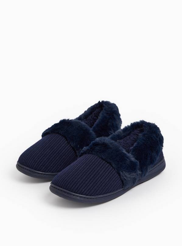 Navy Textured Faux Fur Trim Full Slippers 7