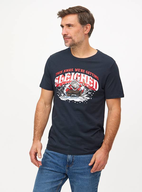 Navy Christmas Beer Slogan Graphic T-Shirt XXL